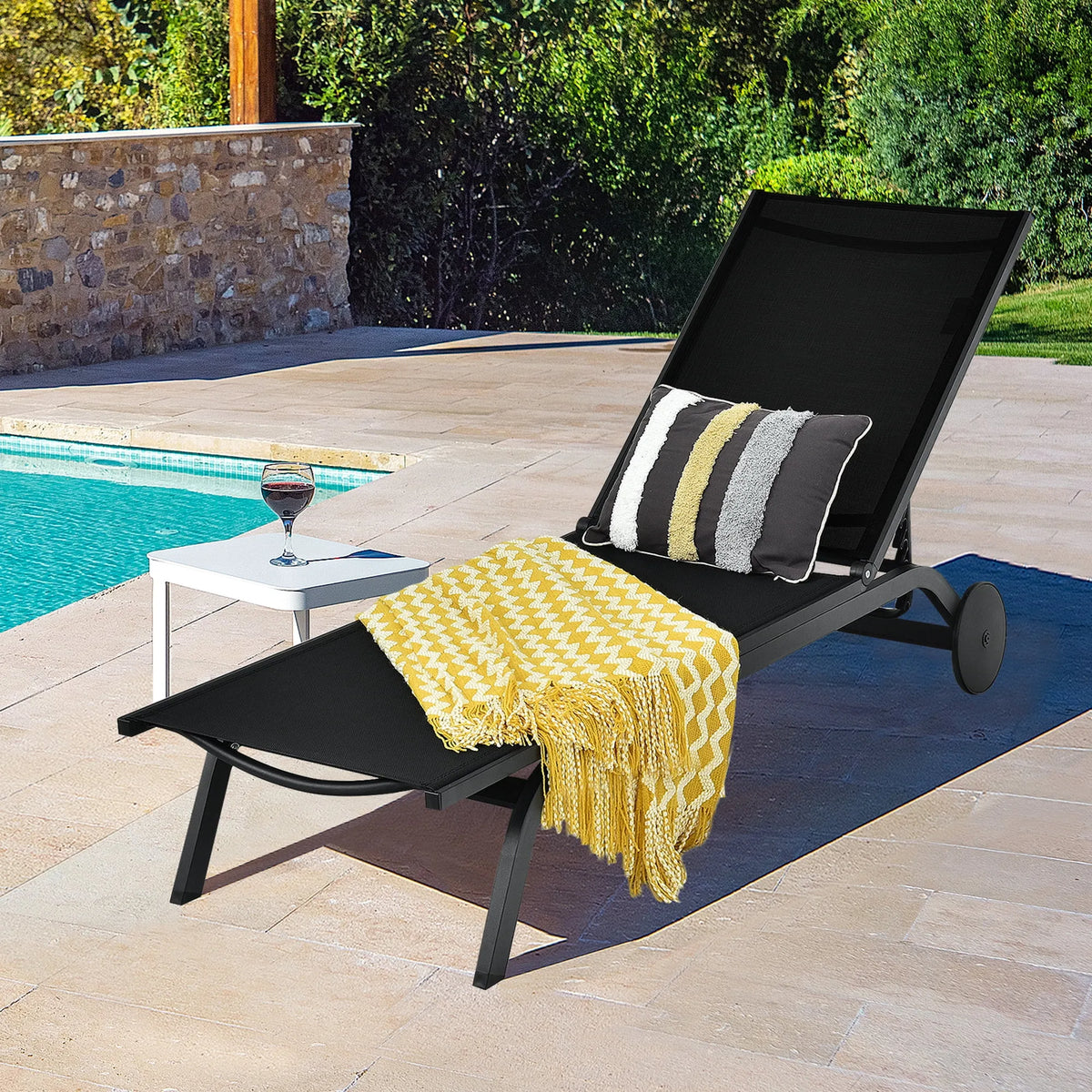 Fauteuil inclinable, Patio en Aluminium, Réglable - Ensemble de 1, Noir, Gymax Chaise Longue de Patio en Aluminium