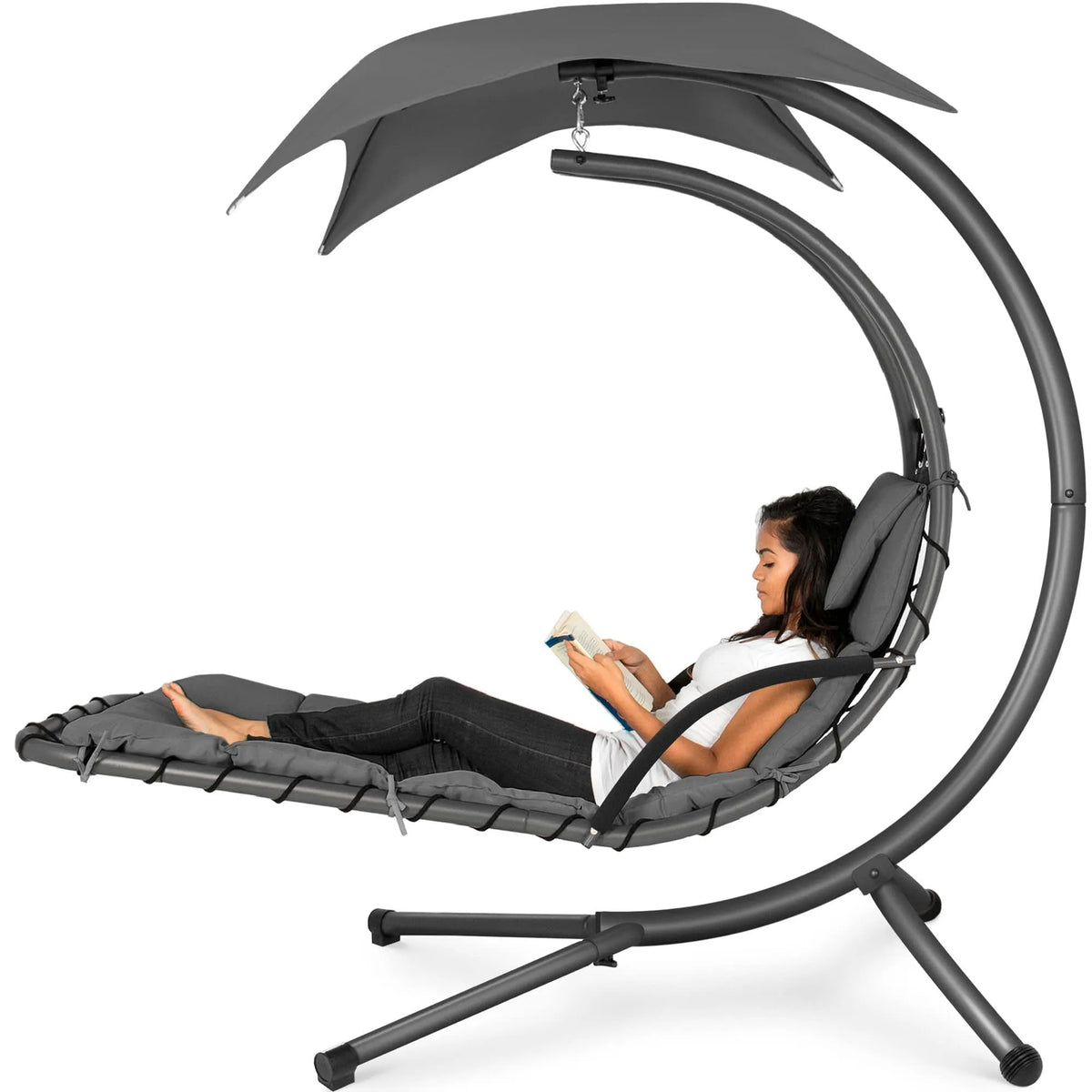 Chaise longue, Oreiller Intégré et Auvent Amovible, Gris Charbon, Balançoire d'extérieur Suspendue Courbée en Acier