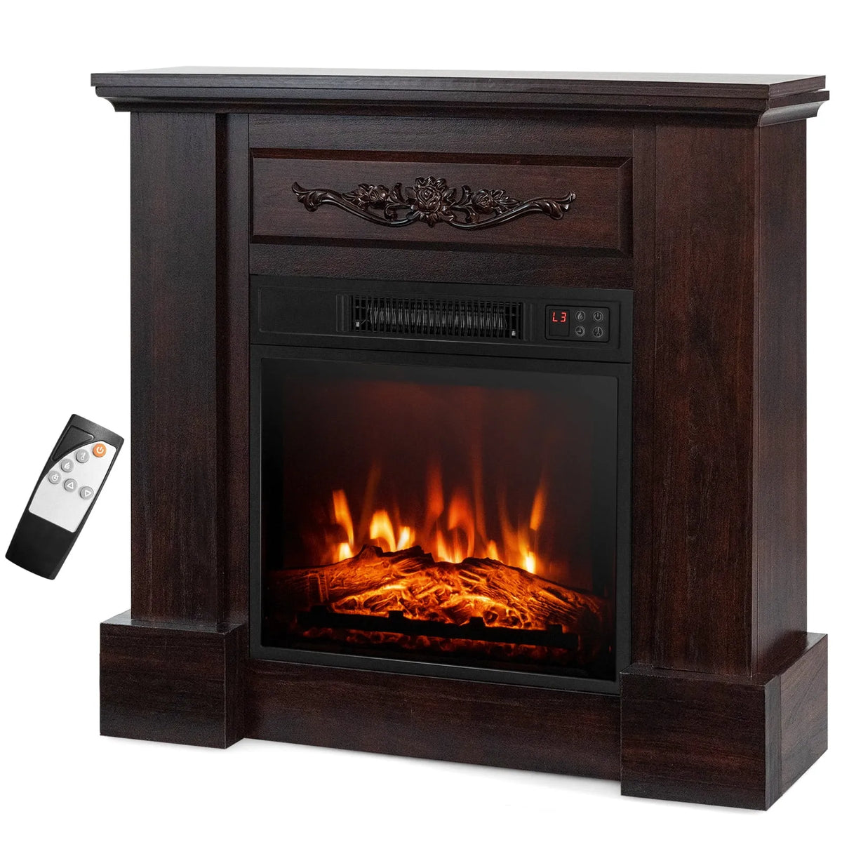 Chauffage d'appoint, Costway Manteau de Foyer Électrique 32 Pouces Meuble Télé avec Télécommande 1400W Brun