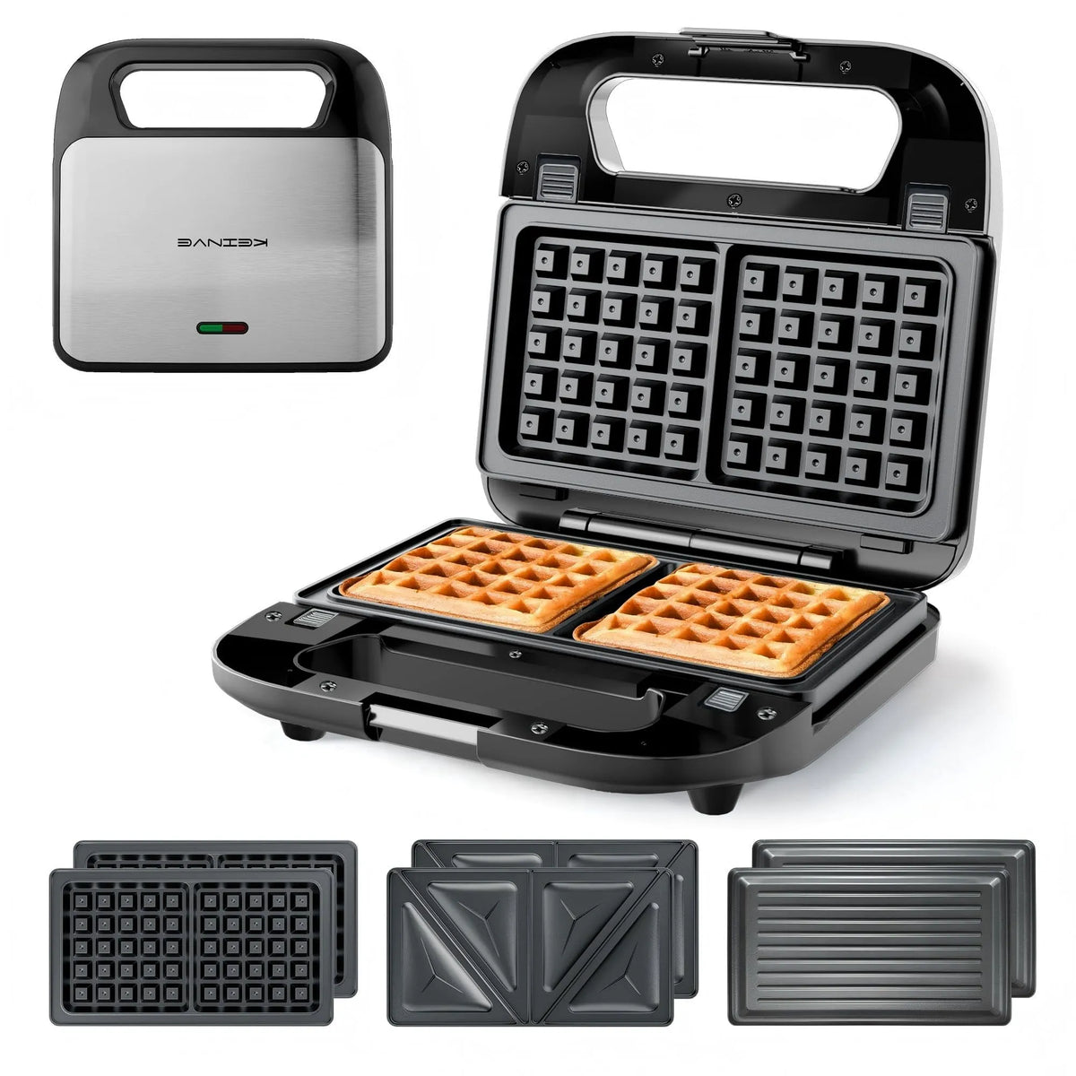 Grille-pain, 3 Plaques Antiadhésives Détachables, Machine à Déjeuner Électrique 800 W, à Sandwichs 3-en-1, Voyants DEL, Toucher Froid H
