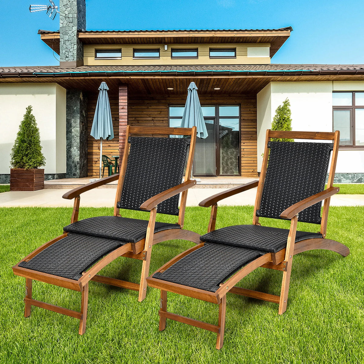 Chaise, Cadre en Bois, Lot de 2 s Longues Pliantes en Rotin pour Patio, Repose-Pieds Rétractable