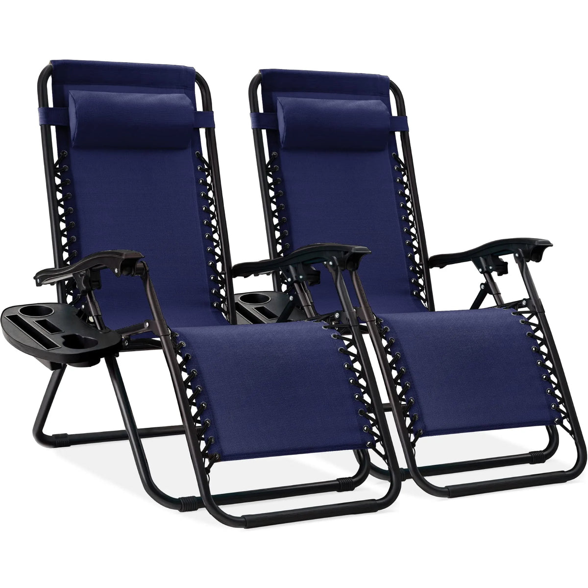Fauteuil, Ensemble de 2 s Inclinables à Gravité Zéro en Treillis d'Acier Réglables, Bleu, Coussins et Plateaux Porte-Gobelet