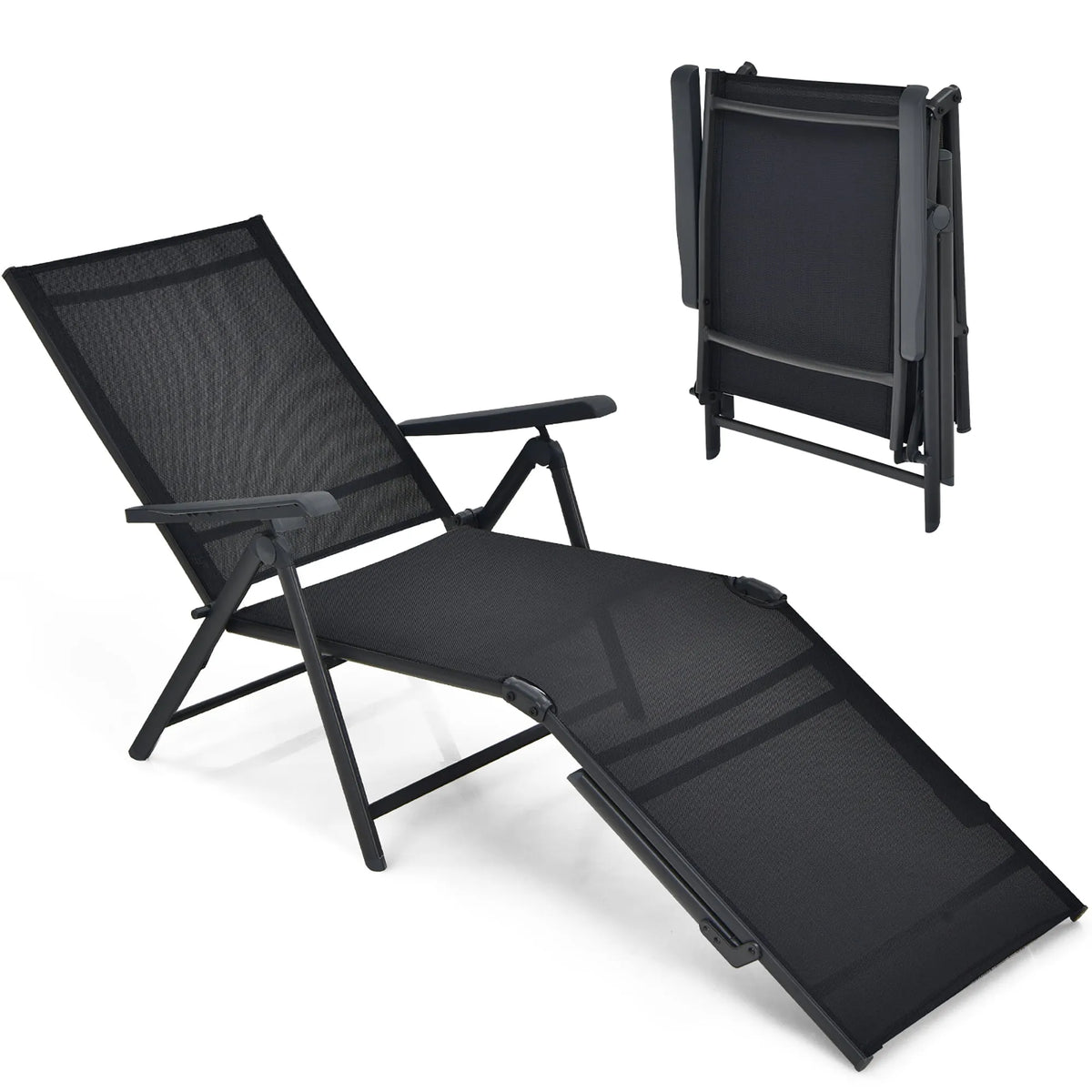 Chaise longue, Pliante de Patio, Extérieure, Portable, Inclinable, Plage, Noire