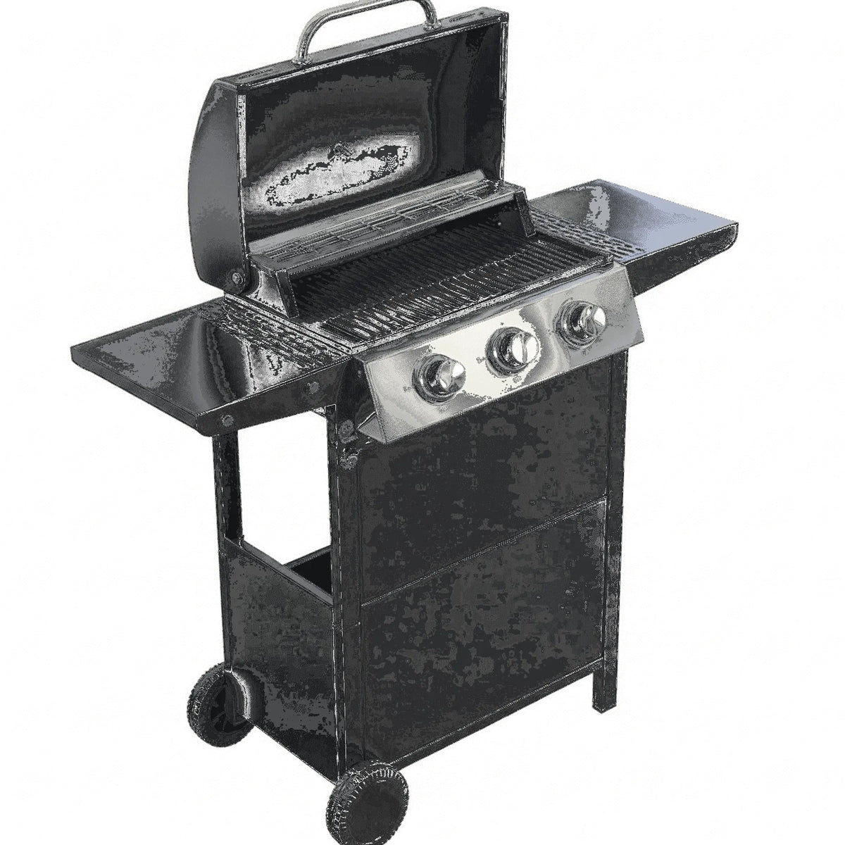 Barbecue, 26 000 BTU, au Propane à 3 brûleurs, Tablettes Latérales, Couvercle, Roues et Ouvre-Bouteille, acier inoxydable