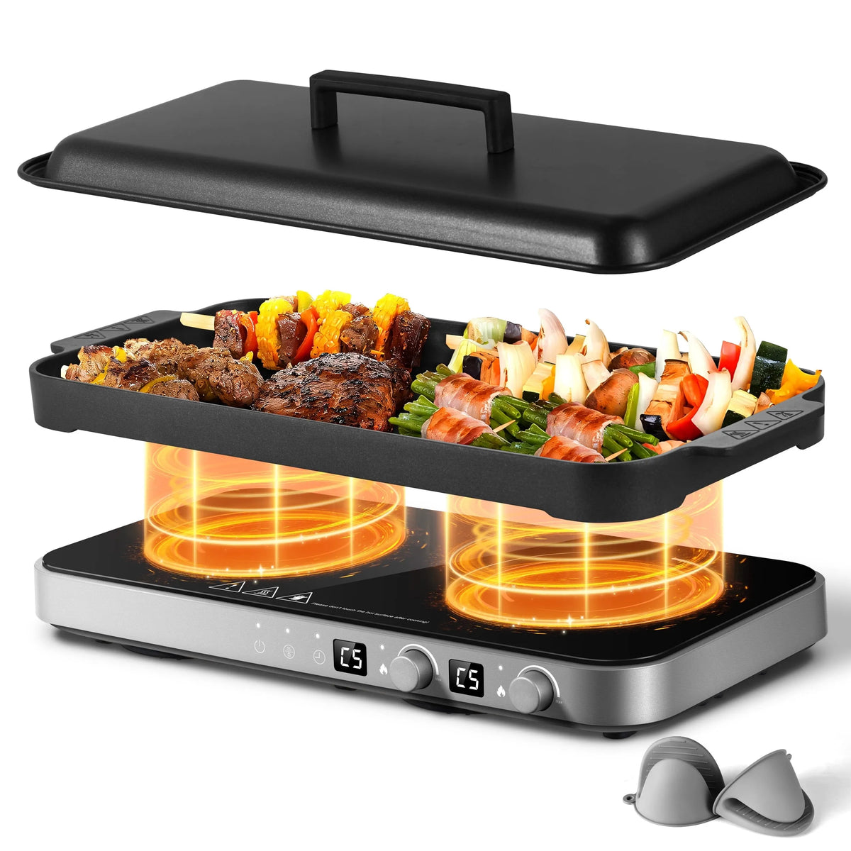 Plaque de cuisson à induction, Minuterie 99 Min, Capteur Tactile 9 Niveaux de Puissance, 2 brûleurs 1800 W, Idéal pour Fête en Famille