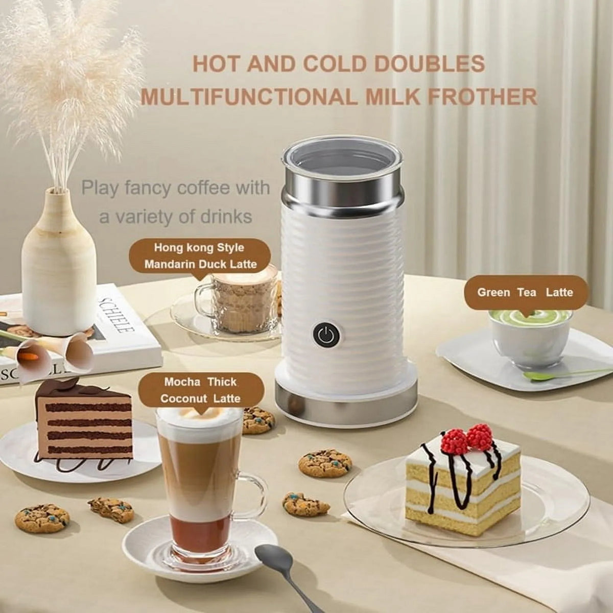 Blender, Mousseur à Lait Automatique, Chauffe-Lait et de Boissons, Fonctionnement à une Touche, Prise US, Blanc, Intérieur en acier inoxydable