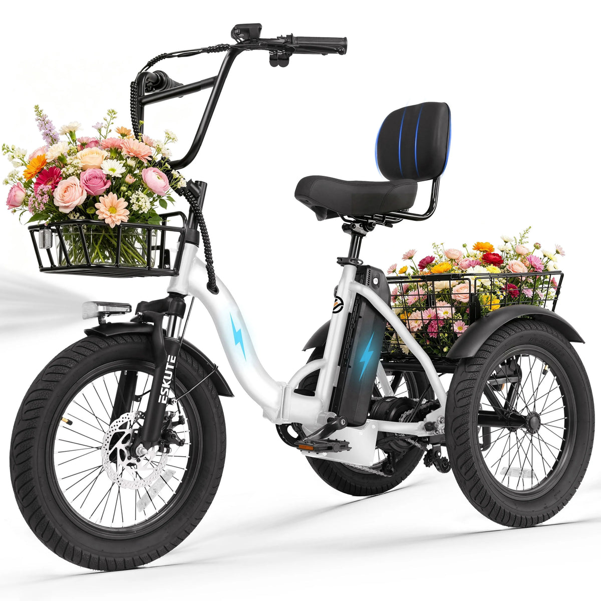 Tricycle électrique ESKUTE, UL2849, Adultes, Pliant à Enjambement Bas avec Batterie Amovible, Pneus Larges 18 Pouces x 3.0 Pouces, Blanc