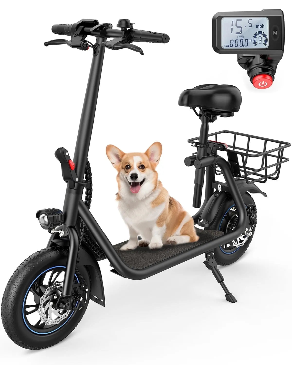 Trottinette électrique 15.5MPH, jusqu'à 21 Miles, Trottinette Électrique de Navettage 12 pouces, 450 W, Panier et Siège Ajustable, Noir