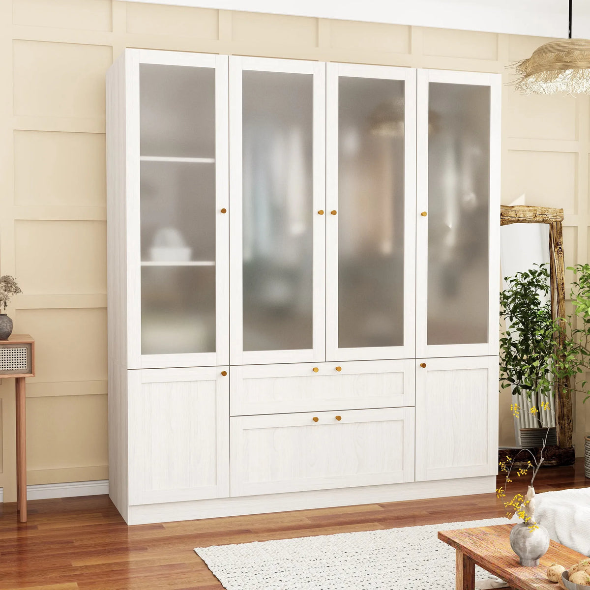 Armoire, à 4 Portes Armoire Placard, 7' P x 63' L x 70,9' H, Tringles et 2 Tiroirs, Garde-Robe pour Vêtements, Portes en Verre Givré