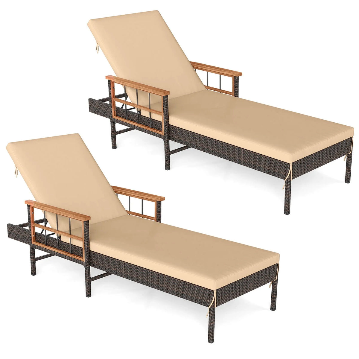 Chaise longue, Lot de 2 Chaises Longues de Patio en Rotin, d'extérieur Inclinable, Mélange Brun, Beige, Accoudoirs en Bois