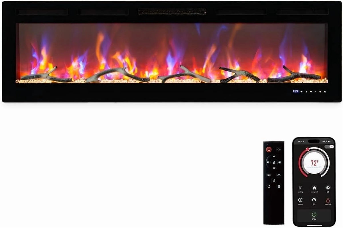 Smart TV W/1500, commande Wi‐Fi et Tactile 750 W, Foyer Électrique de 80 pouces Mural/encastré, Double Chaleur, Bûche, Décor en Cristal
