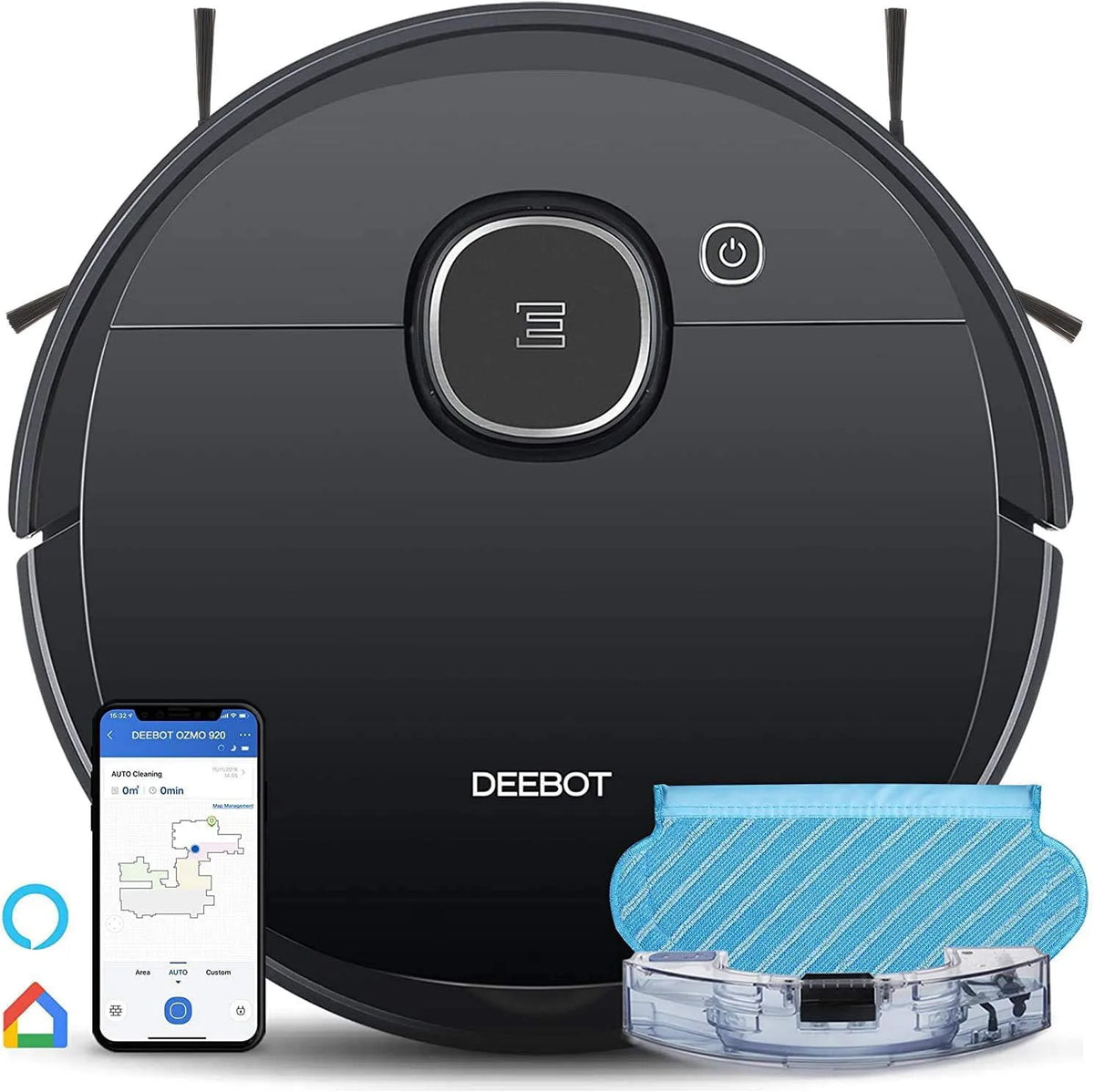 Aspirateur robot laveur Ecovacs, robot, DEEBOT OZMO 920 Laveur 2-en-1, Nettoyage Systématique, Fonctionne, Alexa et Application, Grand, Noir