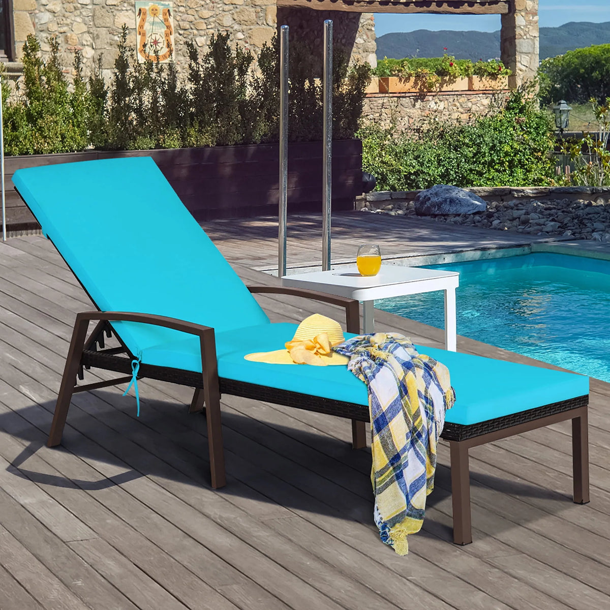 Chaise longue, Inclinable en Rotin pour Patio, Dossier Réglable, Coussinée, Turquoise