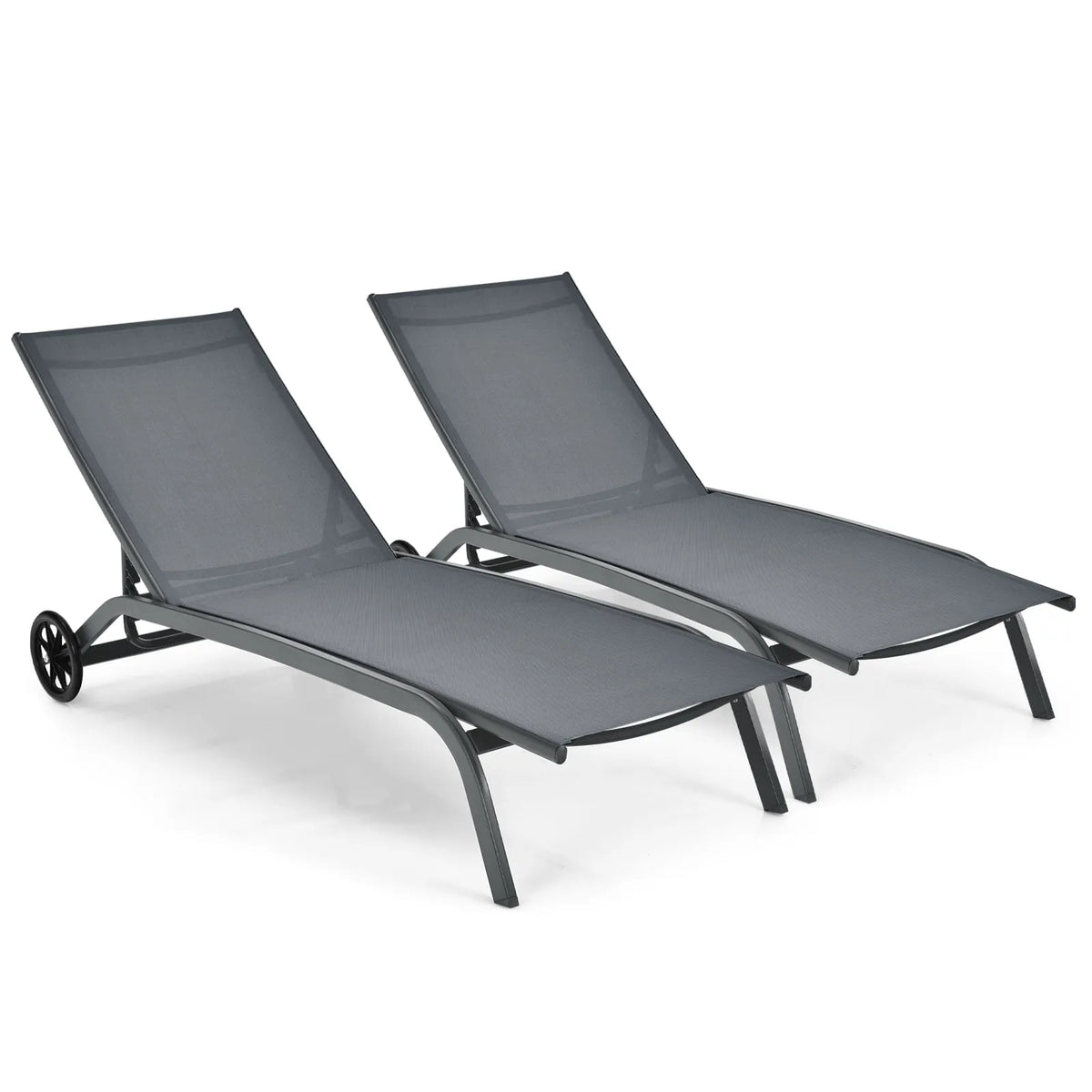 Chaise, Dossier Inclinable Réglable, Lot de 2 s Longues de Patio, Gris, Roues