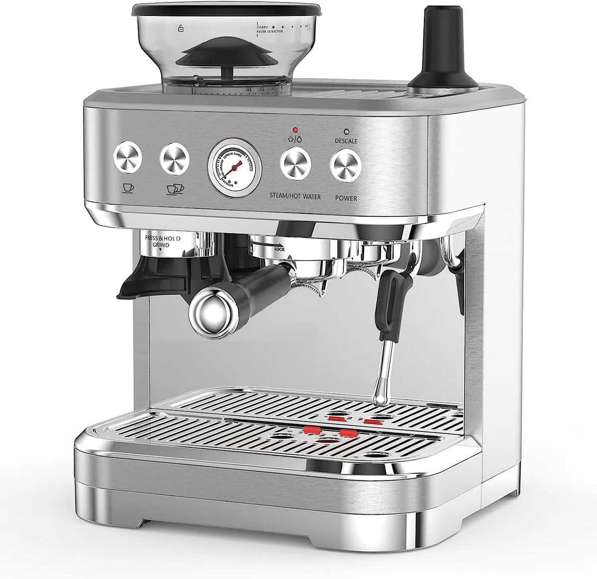 Machine à espresso, Cafetière 15 Bars, Mousseur à Lait et Réservoir d'Eau 2,5 L pour la Maison et le Bureau, Broyeur, Argent, acier inoxydable
