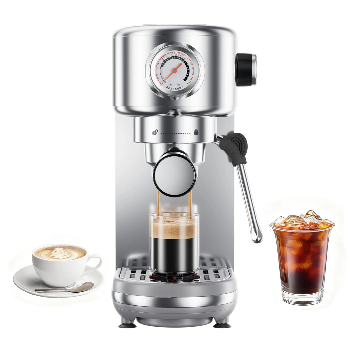 Machine à espresso, Réservoir d'Eau Amovible 44 Oz, Machine à Espresso Compacte 20 Bars, Mousseur à Lait, Cafetière en acier inoxydable