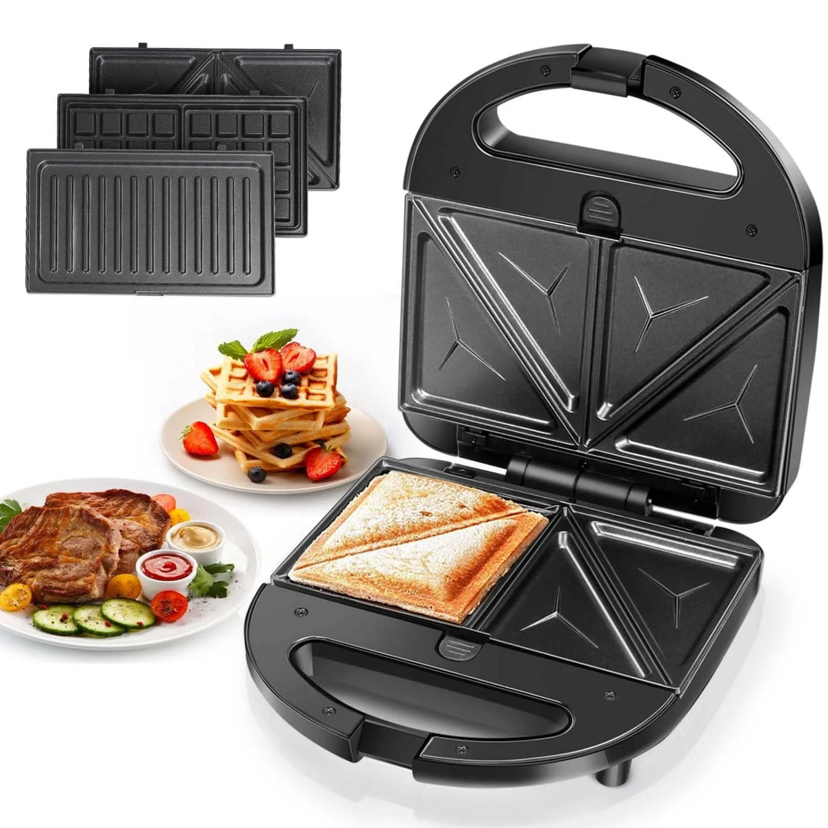 Climatiseur portable, Grille-pain, Gaufrier 3 en 1, Plaques Antiadhésives Amovibles, Grille-Fromage Électrique, Poignée T, Voyants DEL &