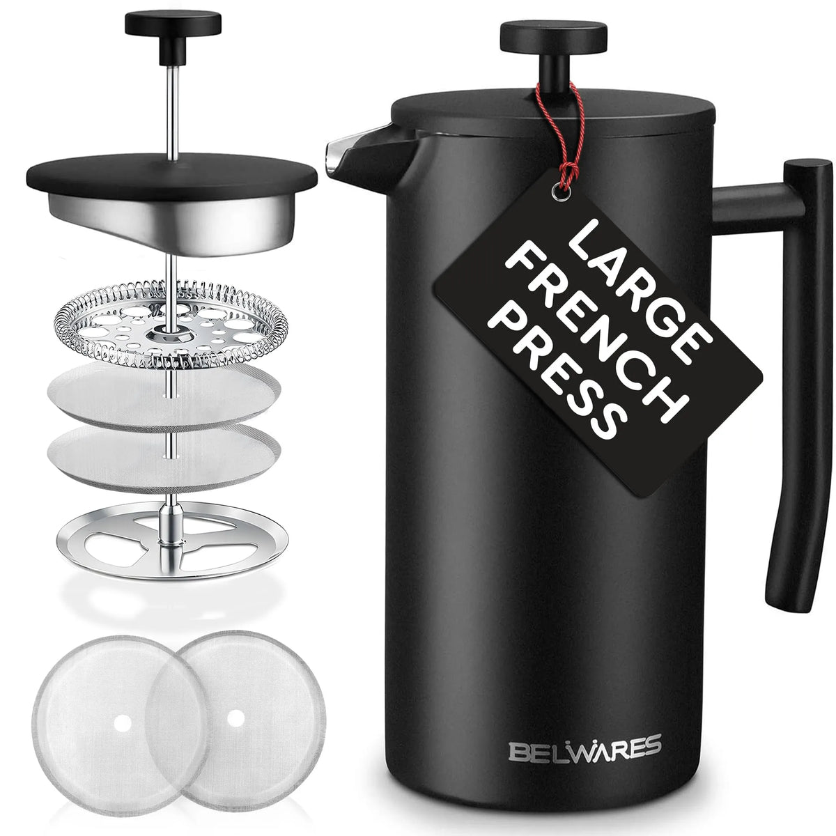 Machine à café, Grande 50 Oz 6 Tasses, en acier inoxydable 304, Rétention de Chaleur, Double Paroi Isolée, à Pression Française