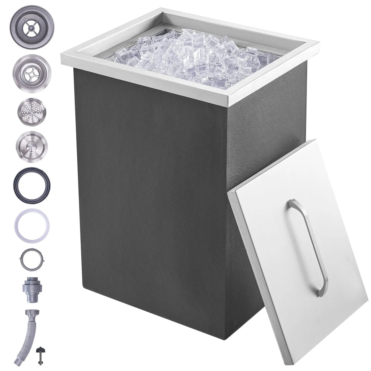 Dimensions: 14 pouces L x 12 pouces L x 18 pouces H, Capacité de 40 qt, Couvercle, Fabriqué en acier inoxydable, Bac de Rangement pour Glace