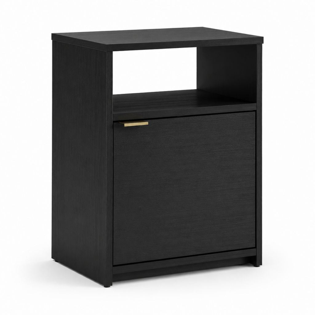 Table de chevet avec niche et porte noire en panneaux de particules rectangulaire 40 x 35 x 60 cm