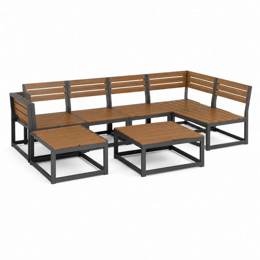 Salon de jardin d'angle 5 pièces marron et anthracite en acacia massif et acier 210 x 140 x 60 cm