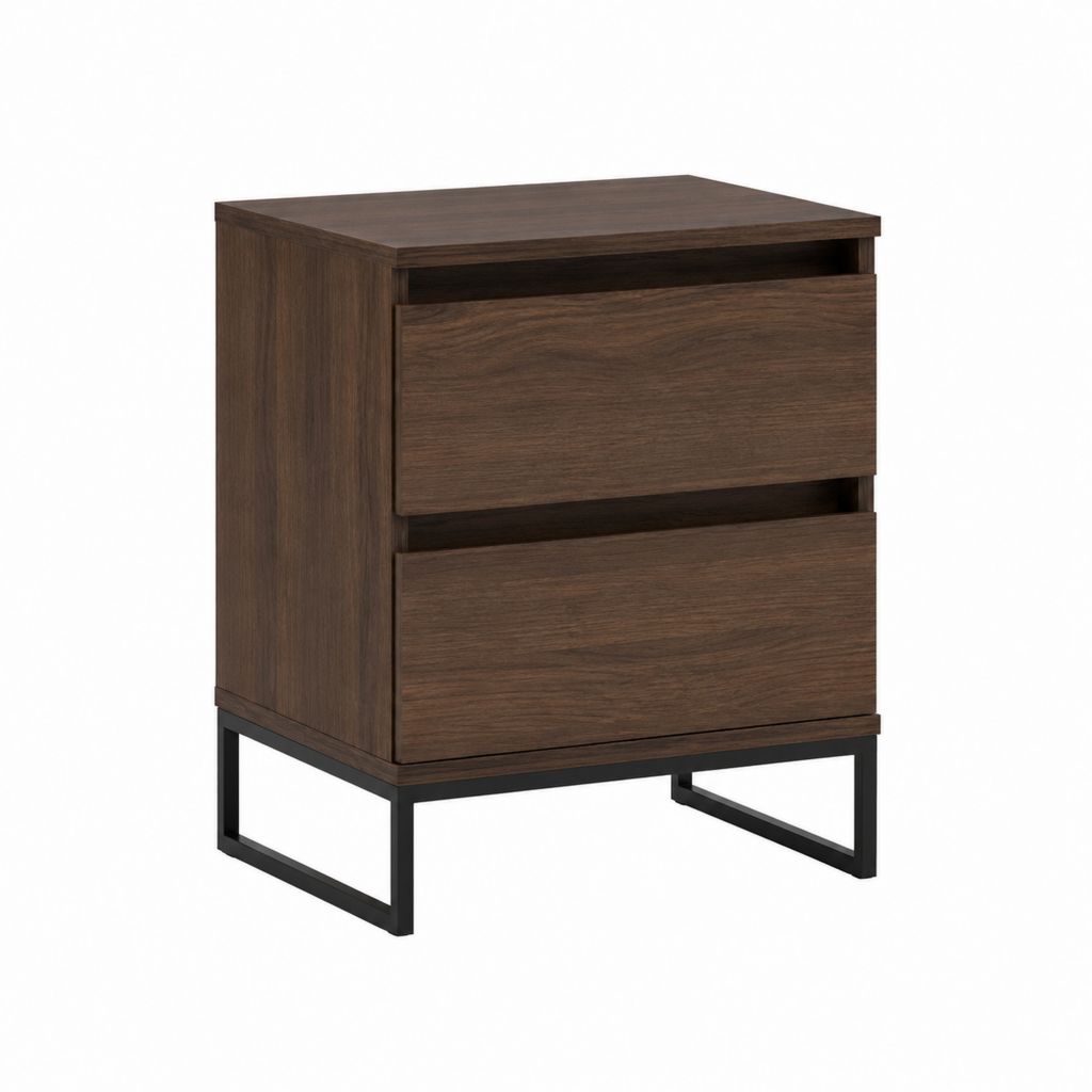 Table de chevet 2 tiroirs noyer foncé en panneaux MDF et acier noir 50 x 40 x 60 cm