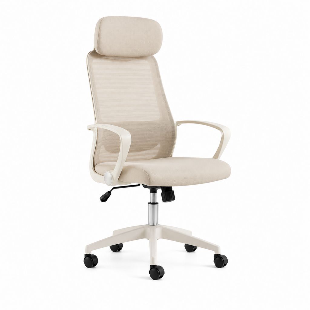 Chaise de bureau ergonomique beige en polyester et maille avec roulettes 62 x 62 x 116-126 cm
