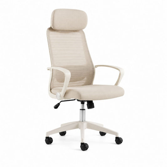 Chaise de bureau ergonomique beige en polyester et maille avec roulettes 62 x 62 x 116-126 cm