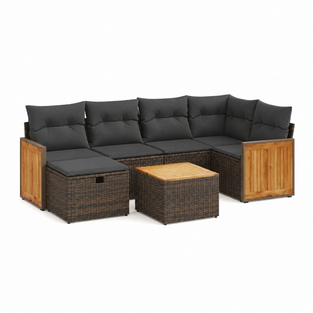 Salon de jardin d'angle 7 pièces marron et gris anthracite en résine tressée PE avec bambou 280 x 140 x 60 cm
