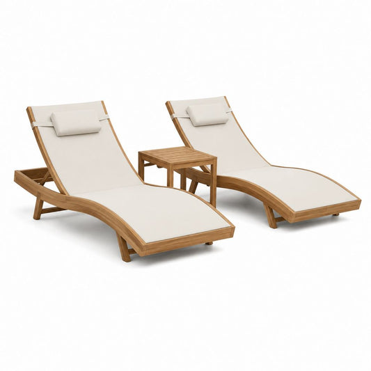Lot de 2 bains de soleil inclinables avec table d'appoint en bois massif d'acacia beige 200 x 70 x 35 cm