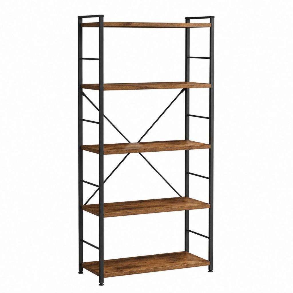Bibliothèque étagère 5 niveaux marron et noir en panneaux de particules et acier 100 x 30 x 180 cm