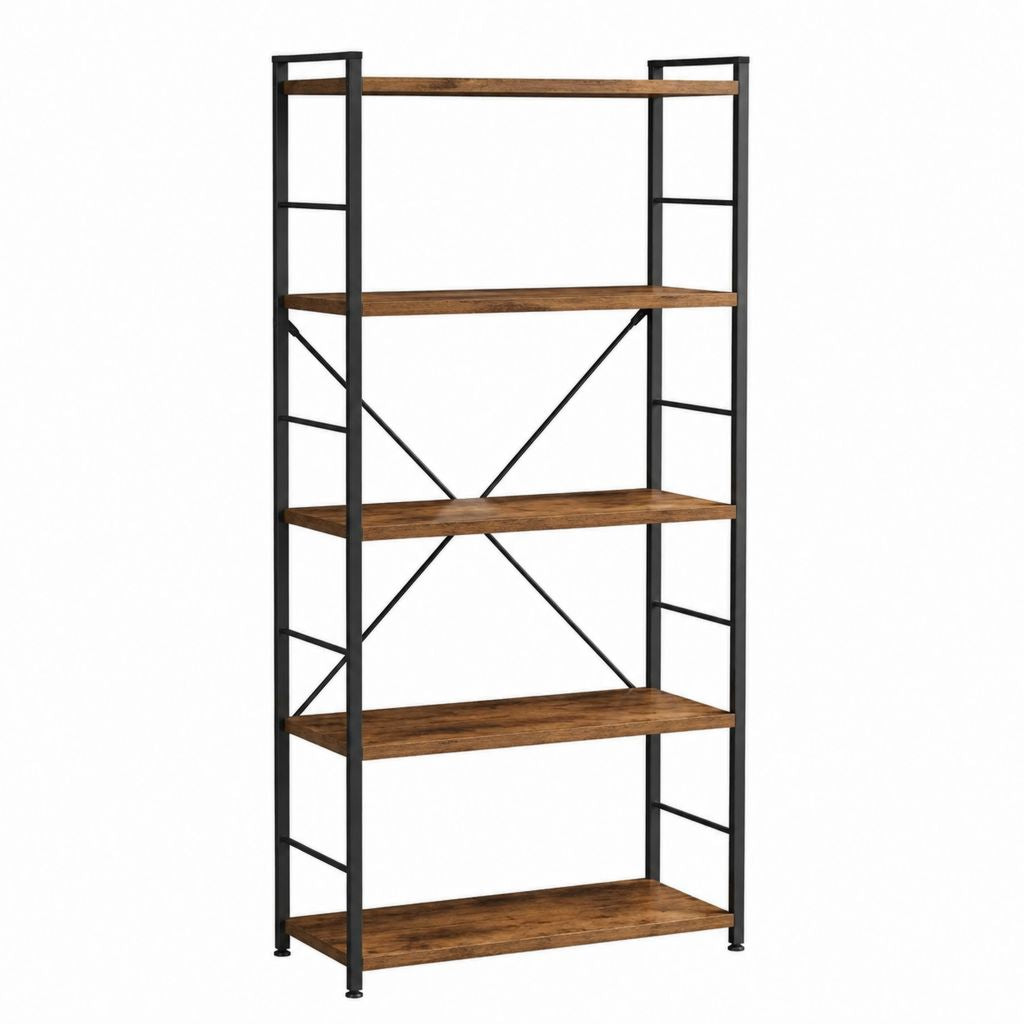 Bibliothèque étagère 5 niveaux marron et noir en panneaux de particules et acier 100 x 30 x 180 cm