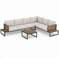 Salon de jardin d’angle 5 places avec table basse beige en acier thermolaqué et acacia 260 x 200 x 65 cm