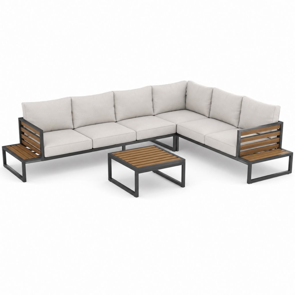 Salon de jardin d’angle 5 places avec table basse beige en acier thermolaqué et acacia 260 x 200 x 65 cm