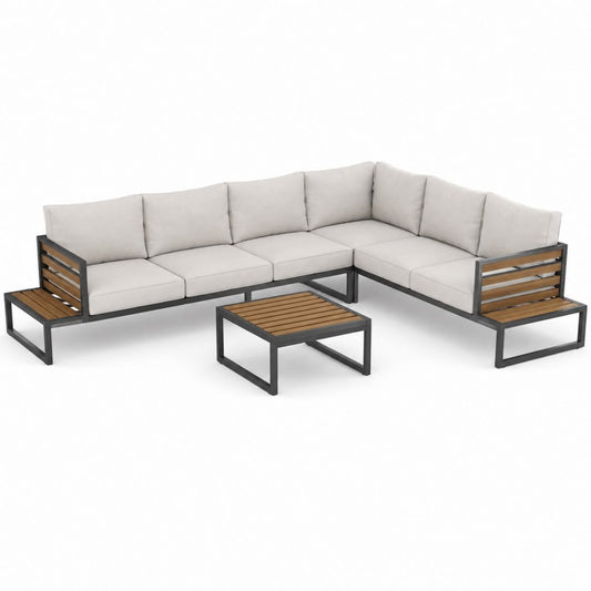 Salon de jardin d’angle 5 places avec table basse beige en acier thermolaqué et acacia 260 x 200 x 65 cm