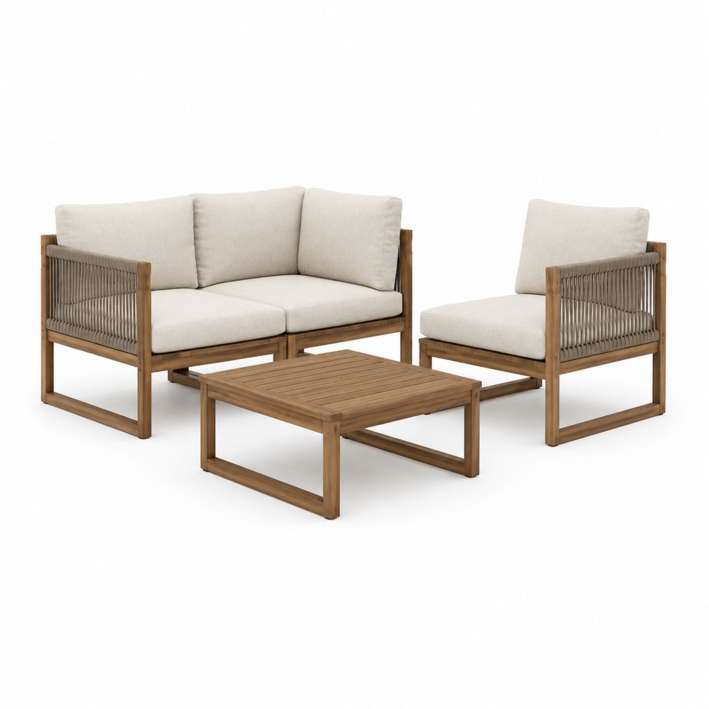 Salon de jardin 4 pièces en bois d'acacia brun avec coussins beige canapé 2 places fauteuil et table basse 120 x 60 cm