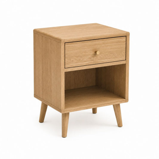 Table de chevet carrée en chêne massif naturel avec tiroir et niche ouverte 40 x 35 x 60 cm