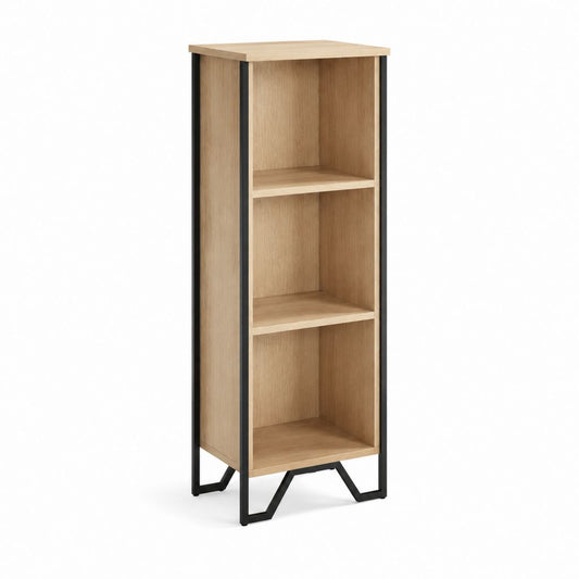 Bibliothèque étroite 3 niches chêne clair et acier noir 40 x 30 x 120 cm
