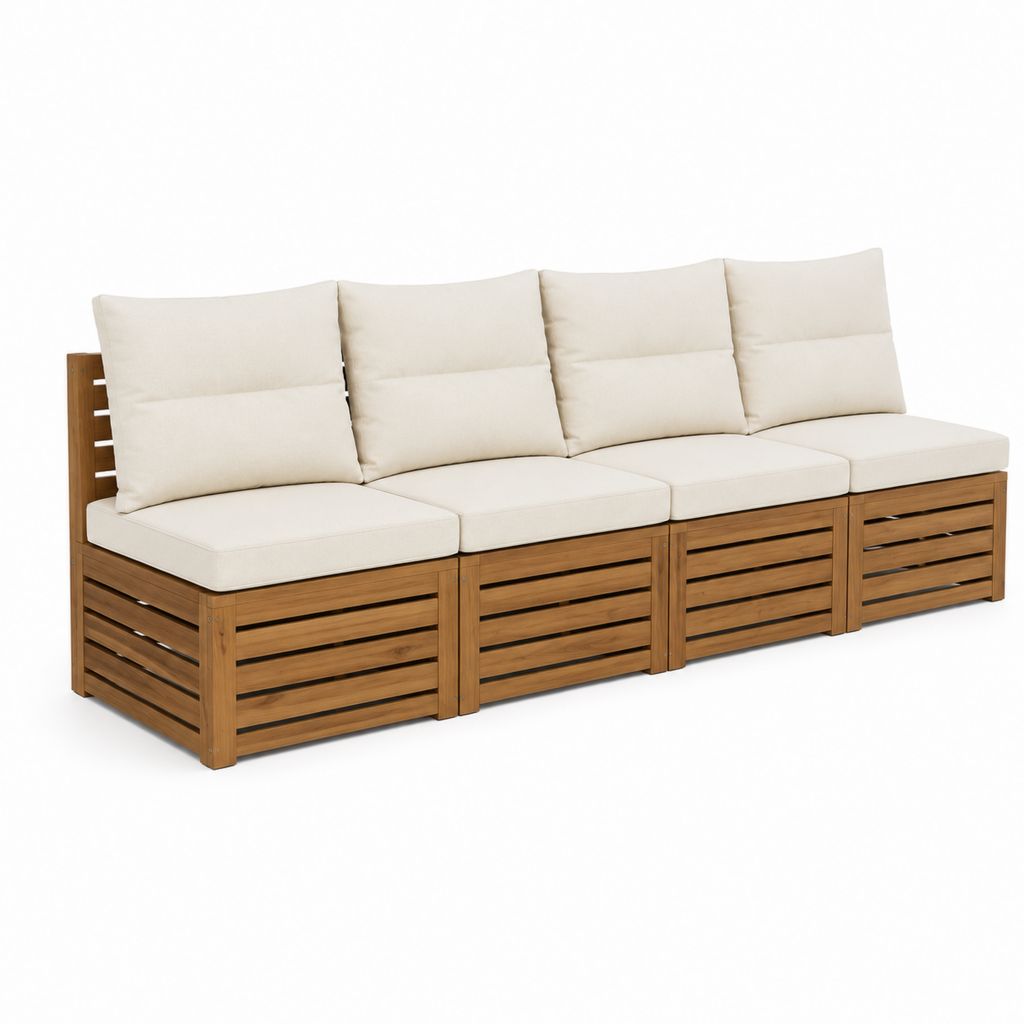 Canapé de jardin 4 places beige en acacia massif avec coussins 280 x 70 x 70 cm