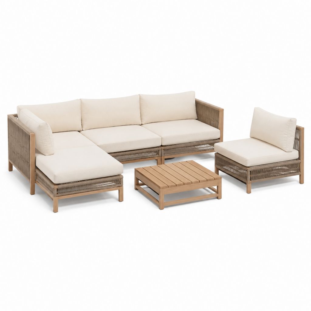 Salon de jardin d’angle 5 places en bois massif d’acacia beige avec table basse 232 x 154 cm