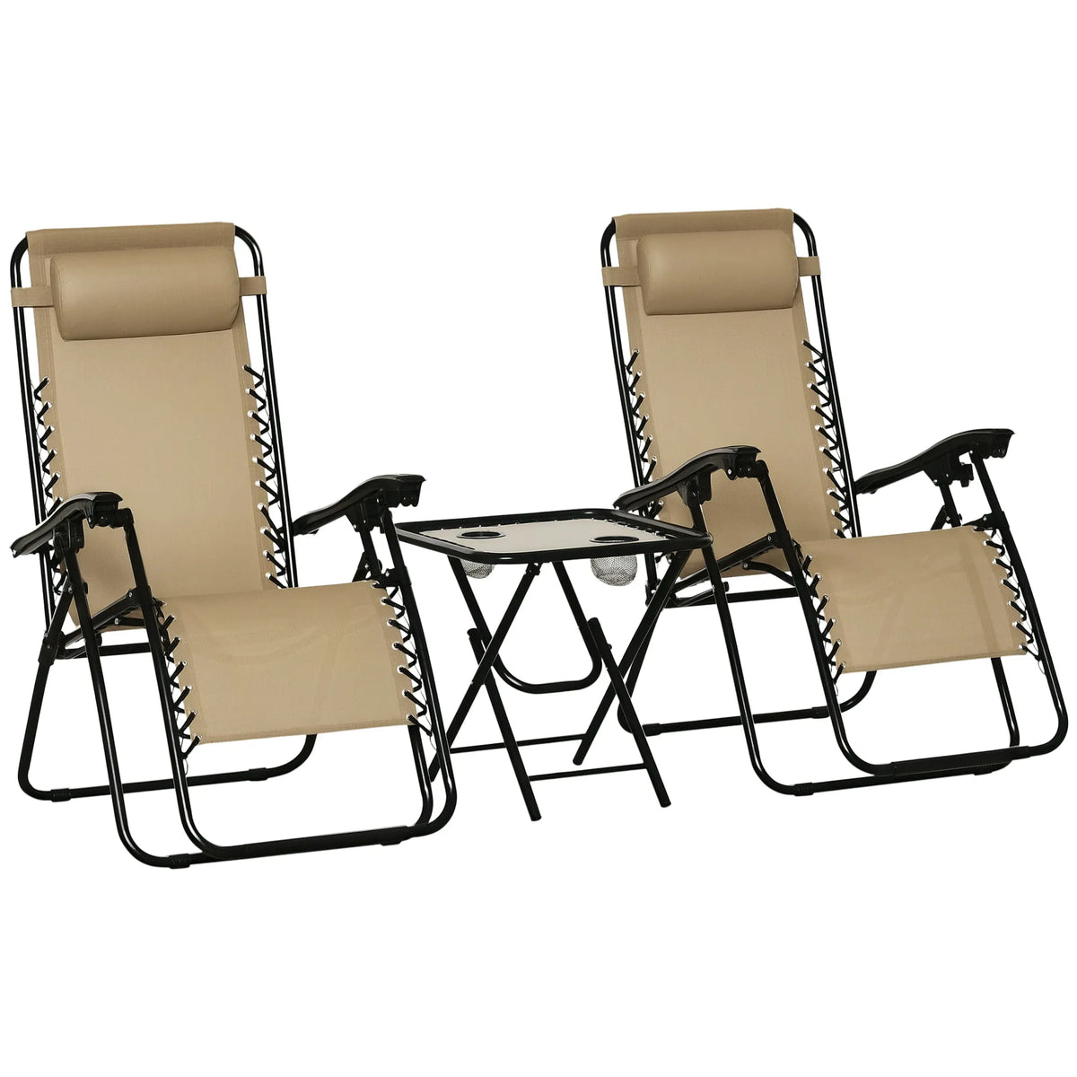 Chaise, Outsunny Ensemble de s à Gravité Zéro avec Pliante et Porte-Gobelet Beige, s à Gravité Zéro avec Table Pliante et Porte-Gobelet Beige