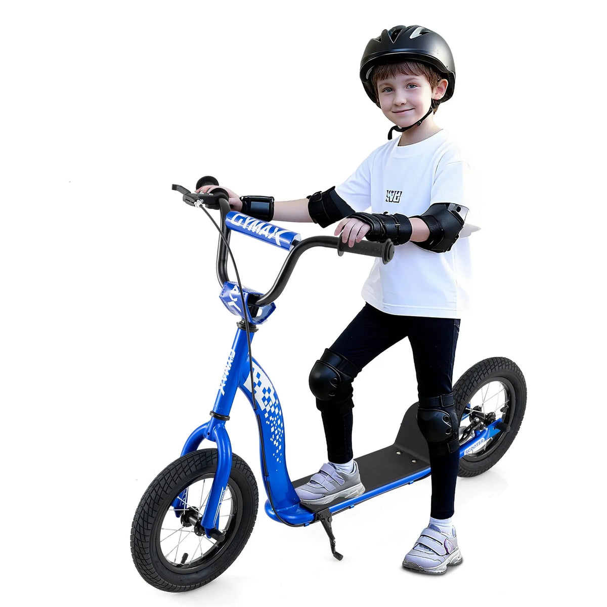Guidon à Hauteur Réglable Roues Gonflables de 12 Pieds' Frein à Main Bleu Marine, Trottinette pour Enfants