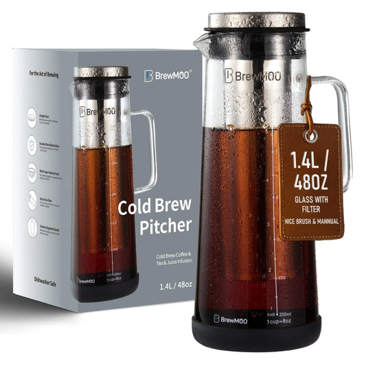 Pichet Hermétique pour Café Infusé à Froid, Carafe en Verre Épaisse 1,4 L/48 Oz, Poignée Confortable et Robuste et Grand Bec, Filtre
