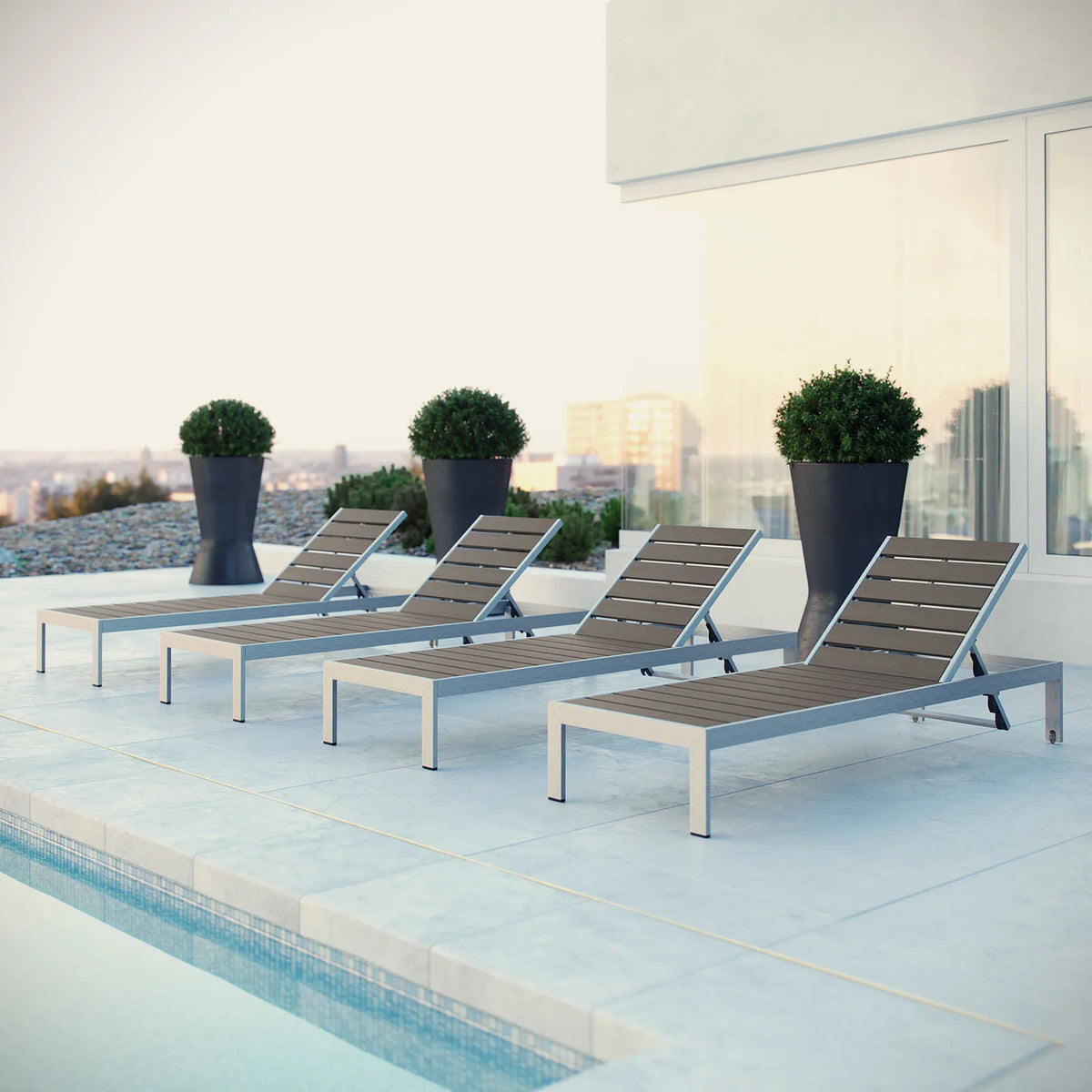 Chaise longue Modway, Ensemble de 4, Terrasse Extérieure en Aluminium, Gris Argenté