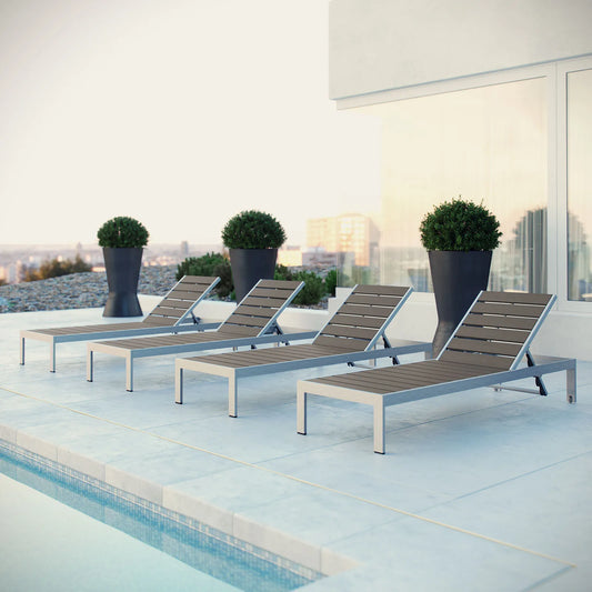Chaise longue Modway, Ensemble de 4, Terrasse Extérieure en Aluminium, Gris Argenté