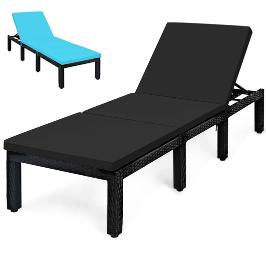 Chaise longue, Inclinable en Rotin pour Patio, Coussin Ajustable, Housse Noire et Turquoise