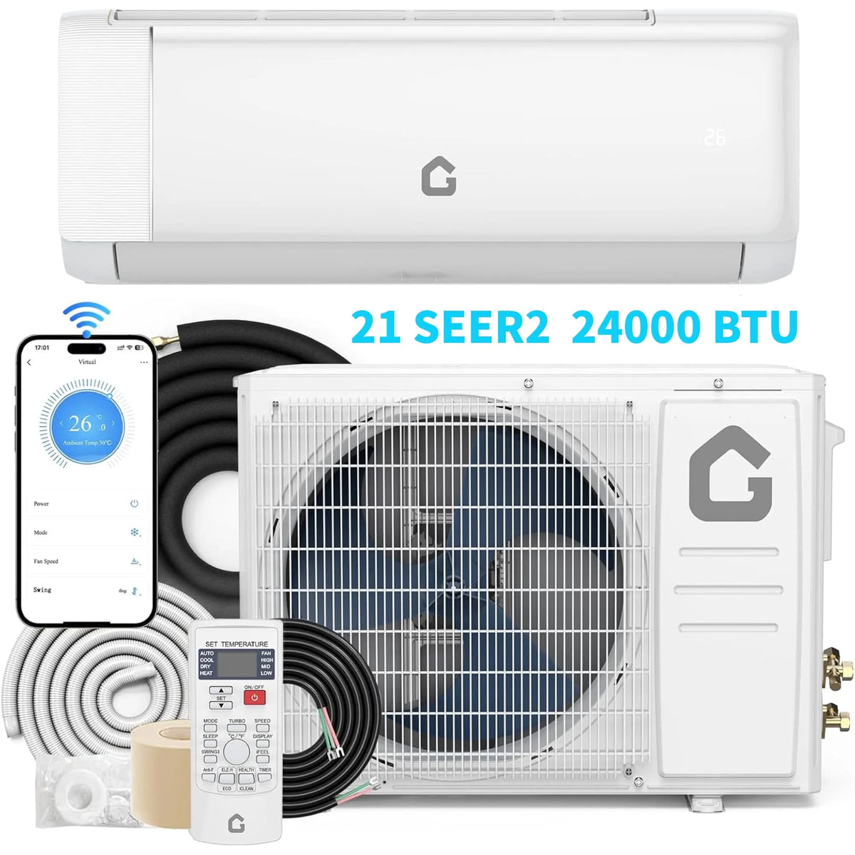 Climatiseur mural, Wi-Fi 24000 BTU avec Thermopompe 21 SEER2 Onduleur 208-230V Sans Conduits Refroidit jusqu'à 1500 Pi2 Blanc Monté au Mur