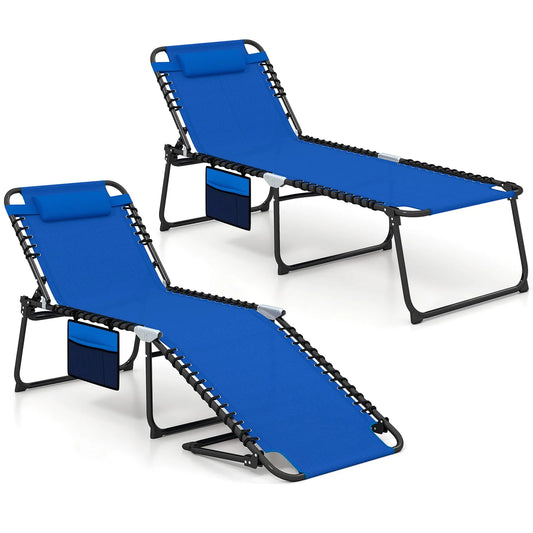 Chaise longue, Pliante Surdimensionnée 2 Pcs, Transat de Patio Portable, Dossier Réglable, Oreiller Détachable et Poche, Gris