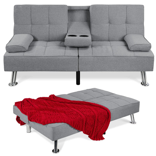 Canapé-lit SKY5247, Futon Pliant Moderne en Lin, Accoudoirs Amovibles, Pattes en Métal Chromé, Gris, Porte-Gobelets Intégrés