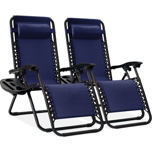 Fauteuil, Ensemble de 2 s Inclinables à Gravité Zéro en Treillis d'Acier Réglables, Bleu, Coussins et Plateaux Porte-Gobelet